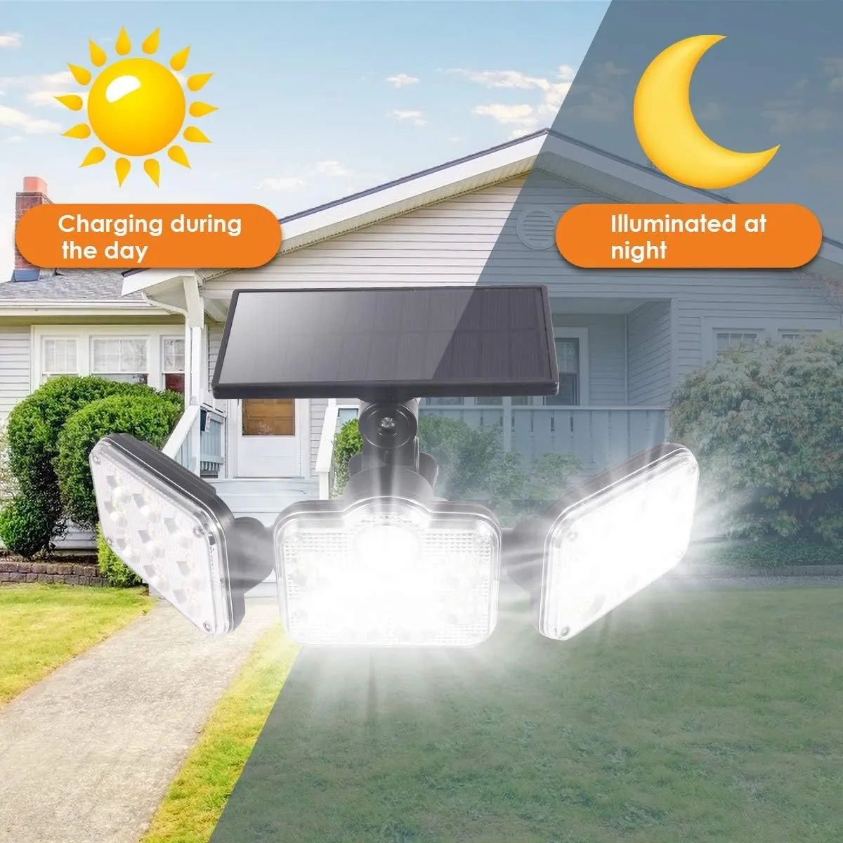 Pack Éclairage &amp; Sécurité Solaire Extérieur 3-en-1 – Projecteur 3 Têtes 270° + Torche Flamme Dansante 58 cm + Projecteur Caméra Fictive Dissuasive