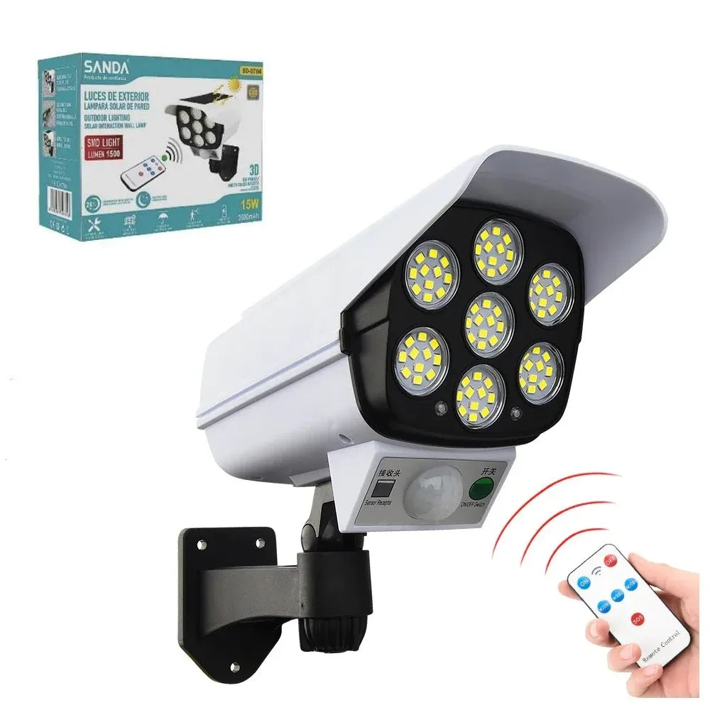 Pack Éclairage &amp; Sécurité Solaire Extérieur 3-en-1 – Projecteur 3 Têtes 270° + Torche Flamme Dansante 58 cm + Projecteur Caméra Fictive Dissuasive
