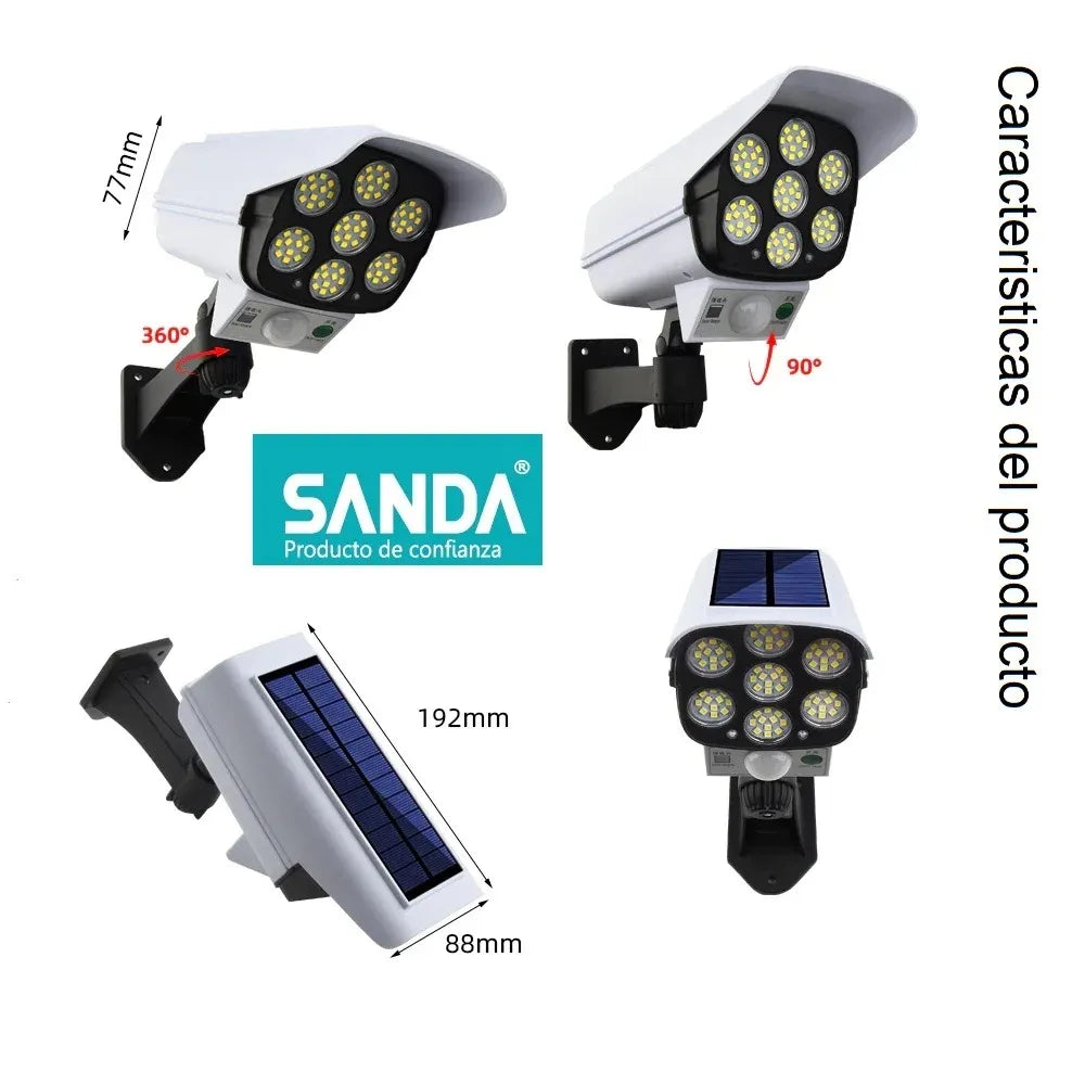 Pack Éclairage &amp; Sécurité Solaire Extérieur 3-en-1 – Projecteur 3 Têtes 270° + Torche Flamme Dansante 58 cm + Projecteur Caméra Fictive Dissuasive
