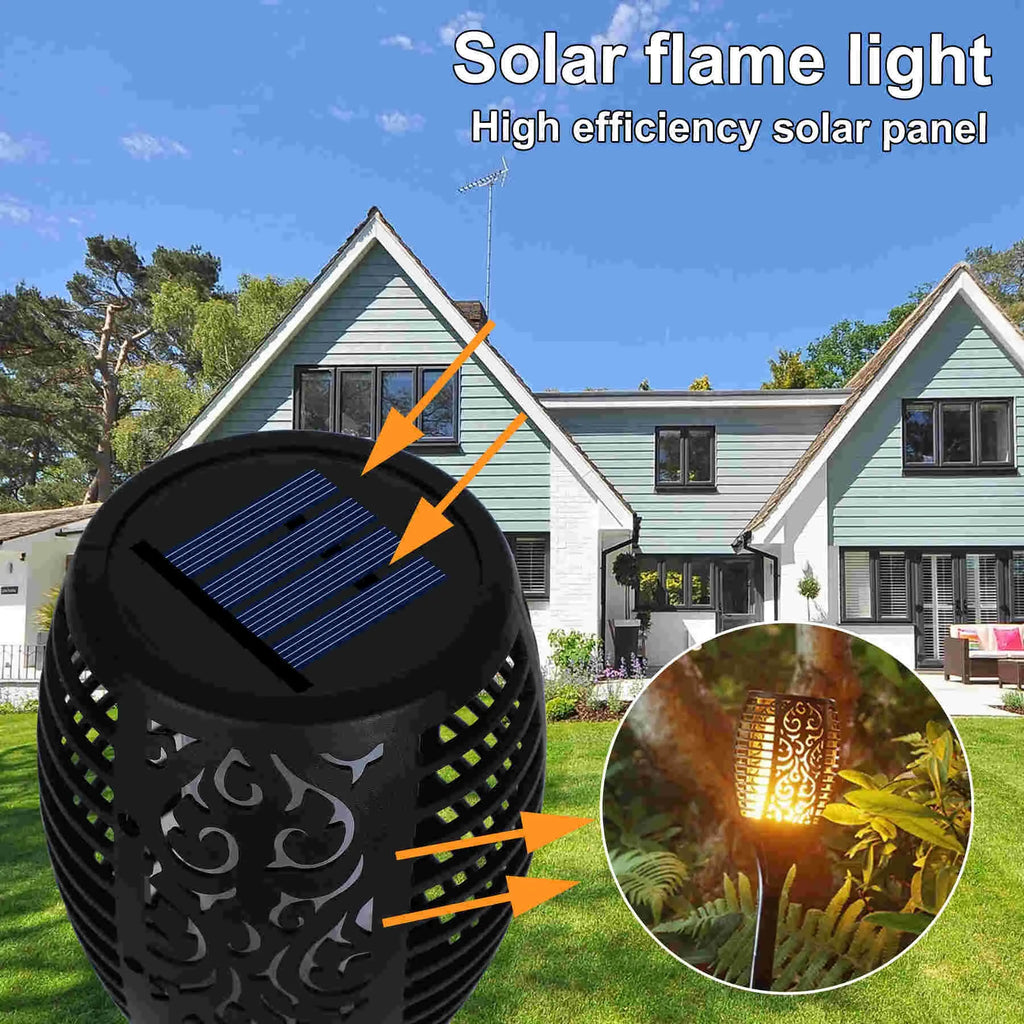 Pack Éclairage &amp; Sécurité Solaire Extérieur 3-en-1 – Projecteur 3 Têtes 270° + Torche Flamme Dansante 58 cm + Projecteur Caméra Fictive Dissuasive