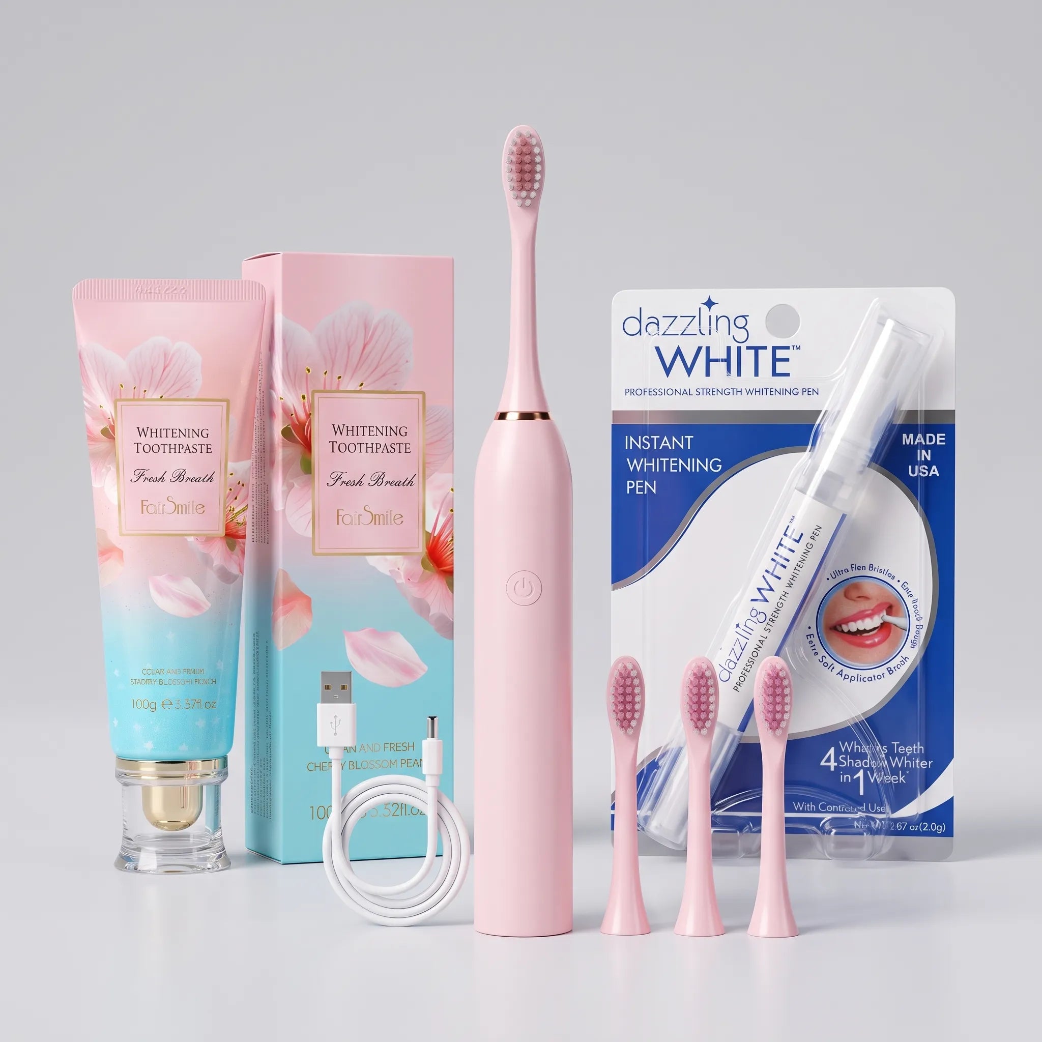 Pack Soin & Blanchiment Dentaire 3-en-1 – Brosse à Dents Électrique Sonic + Dentifrice FairSmile (Fleur de Cerisier & Pêche) + Stylo Blanchissant Dazzling White