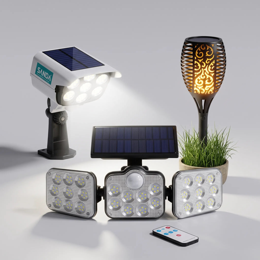 Pack Éclairage &amp; Sécurité Solaire Extérieur 3-en-1 – Projecteur 3 Têtes 270° + Torche Flamme Dansante 58 cm + Projecteur Caméra Fictive Dissuasive