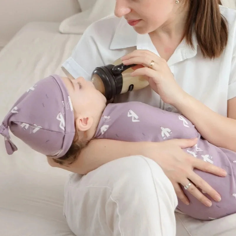 Ensemble Couverture d'Emmaillotage & Bonnet Ajustable en Coton Doux pour Bébé