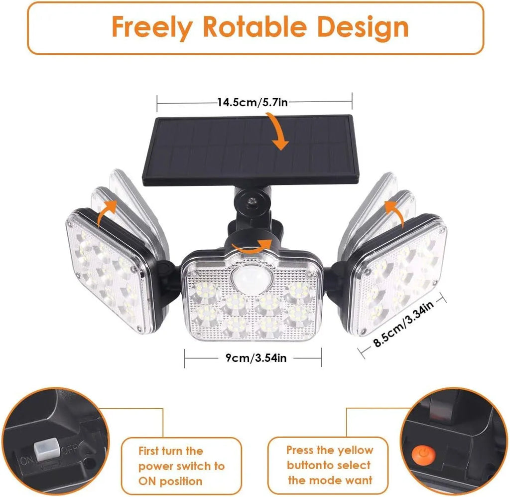Pack Éclairage &amp; Sécurité Solaire Extérieur 3-en-1 – Projecteur 3 Têtes 270° + Torche Flamme Dansante 58 cm + Projecteur Caméra Fictive Dissuasive