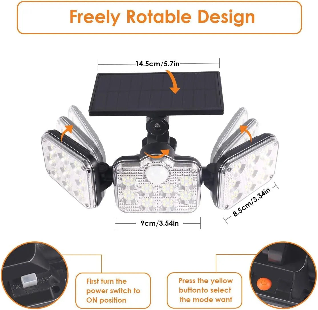Pack Éclairage &amp; Sécurité Solaire Extérieur 3-en-1 – Projecteur 3 Têtes 270° + Torche Flamme Dansante 58 cm + Projecteur Caméra Fictive Dissuasive