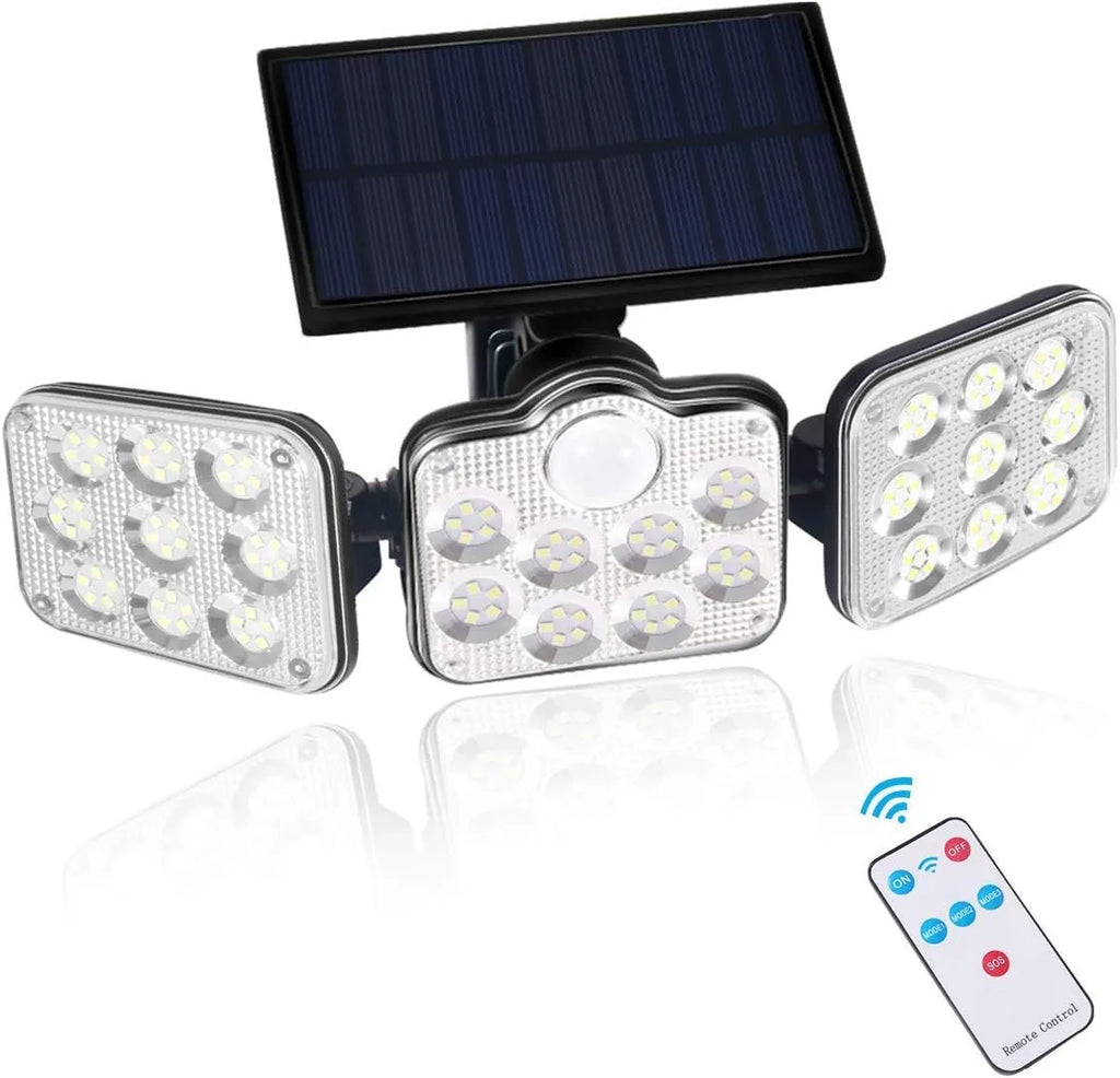 Pack Éclairage &amp; Sécurité Solaire Extérieur 3-en-1 – Projecteur 3 Têtes 270° + Torche Flamme Dansante 58 cm + Projecteur Caméra Fictive Dissuasive
