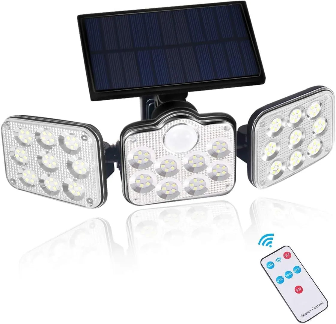 Pack Éclairage &amp; Sécurité Solaire Extérieur 3-en-1 – Projecteur 3 Têtes 270° + Torche Flamme Dansante 58 cm + Projecteur Caméra Fictive Dissuasive