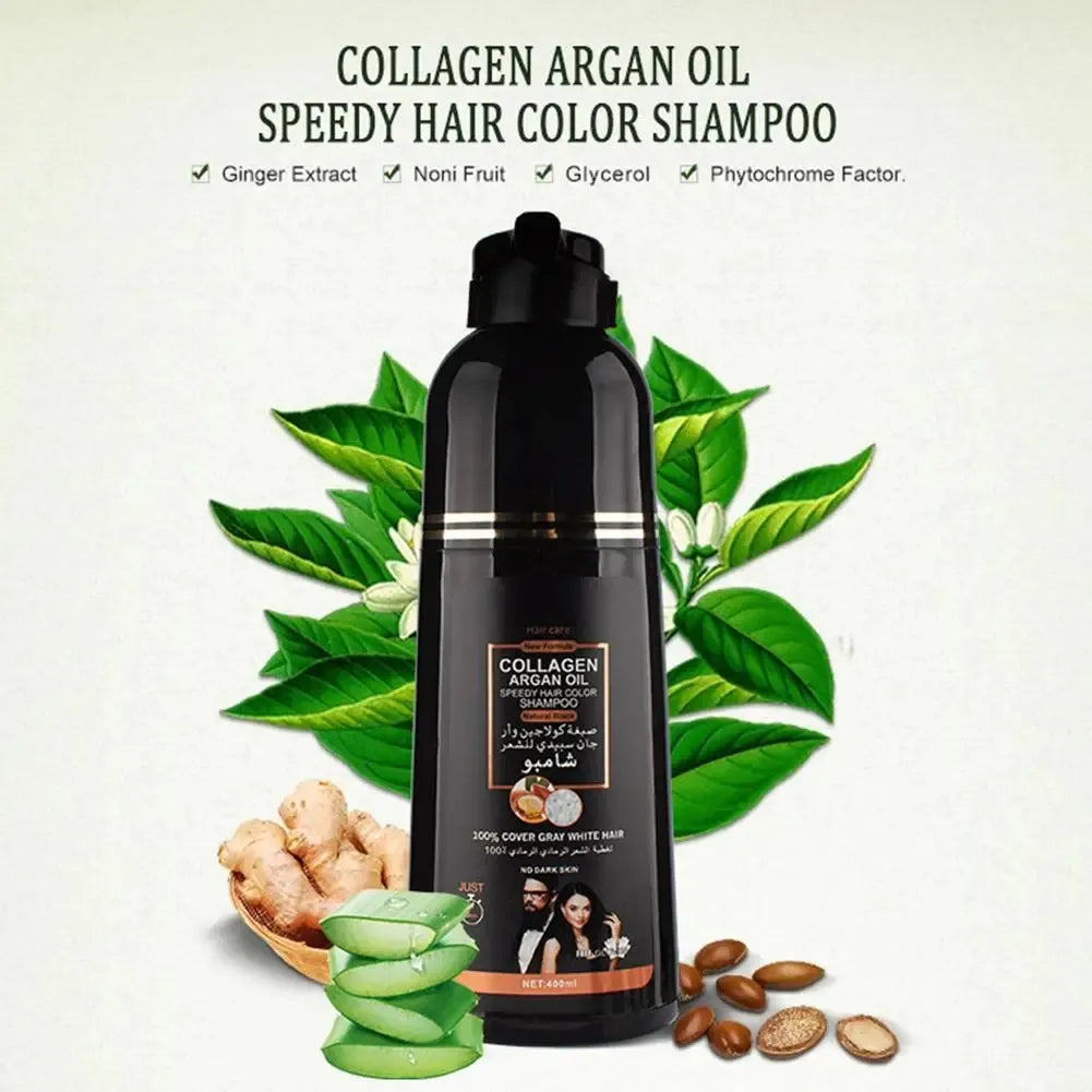 🇫🇷 Version Française Shampooing Colorant Rapide 3-en-1 au Collagène & Huile d'Argan (Noir Naturel) – 400 ml