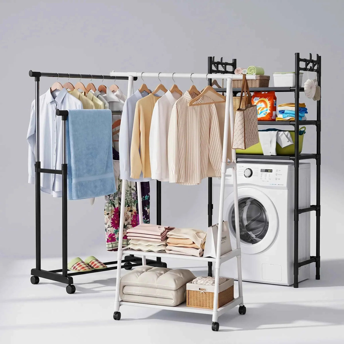 Pack Rangement &amp; Organisation Maison 3-en-1 – Portant Portemanteau avec Bac de Rangement + Étagère au-dessus de la Machine à Laver + Portant Double Barre Ajustable