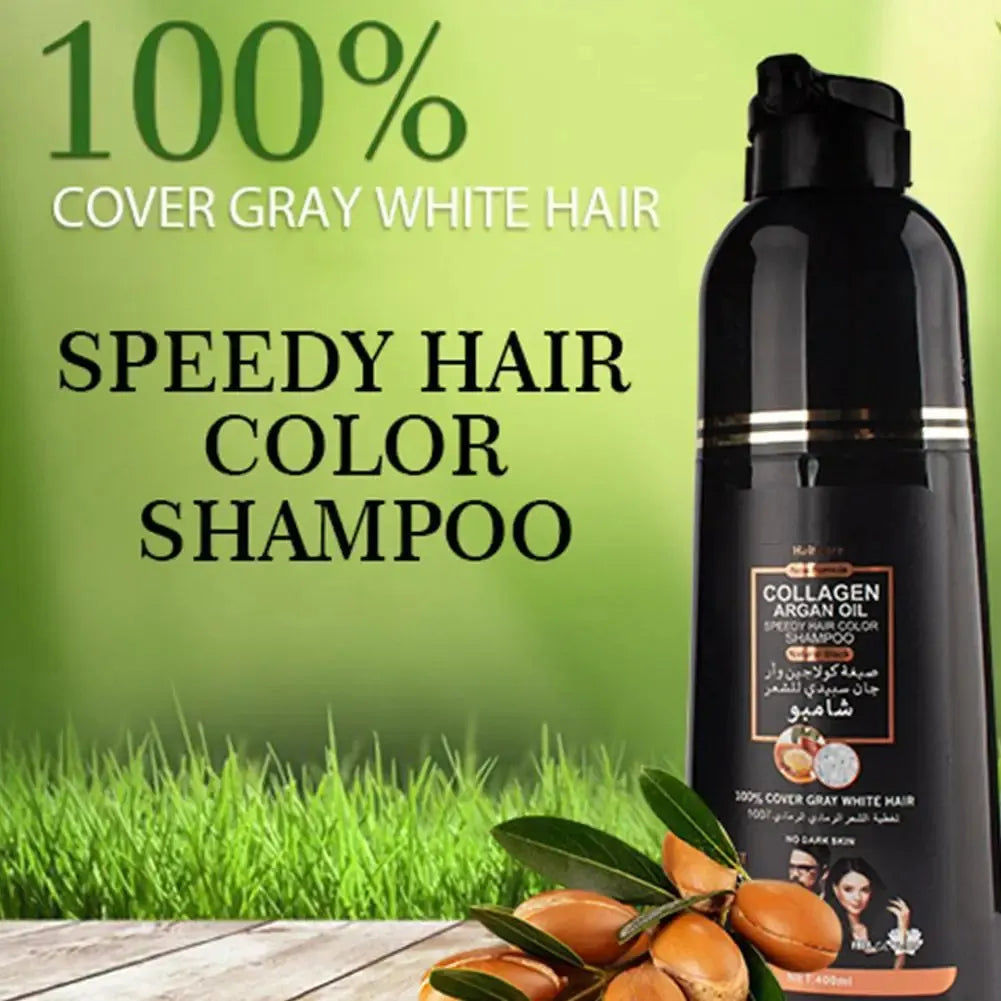 🇫🇷 Version Française Shampooing Colorant Rapide 3-en-1 au Collagène & Huile d'Argan (Noir Naturel) – 400 ml