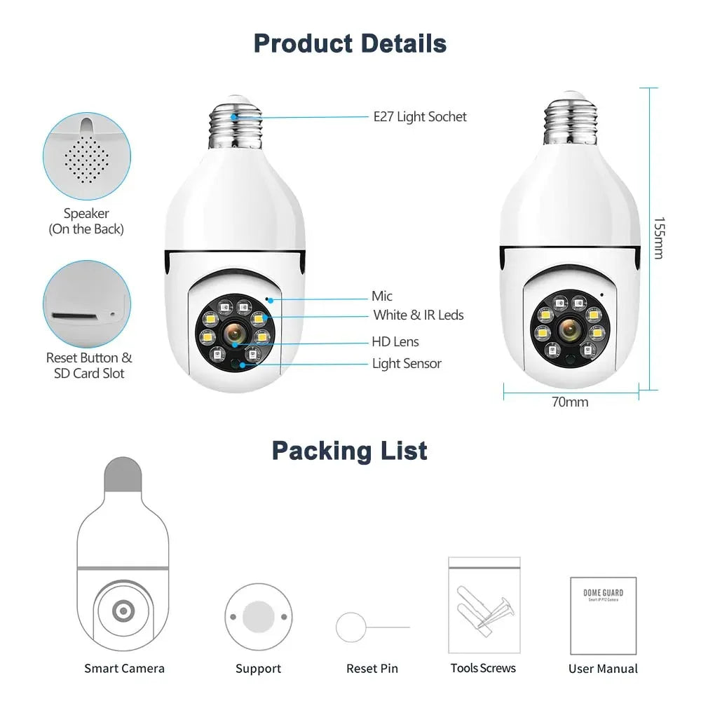 Caméra de Surveillance Ampoule E27 Tuya Smart 2K 3MP – Wi-Fi Dual Band (2.4G &amp; 5G)