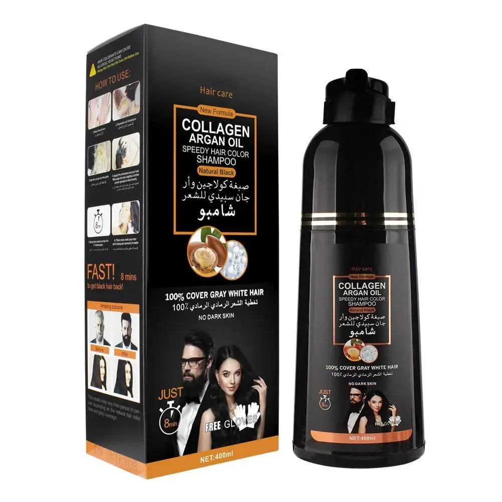 🇫🇷 Version Française Shampooing Colorant Rapide 3-en-1 au Collagène & Huile d'Argan (Noir Naturel) – 400 ml