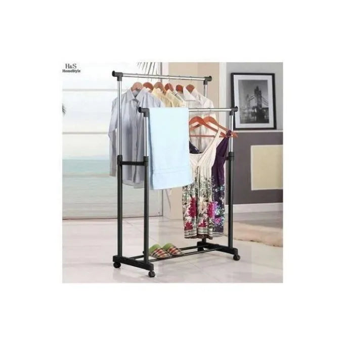 Portant à Vêtements Double Barre Ajustable à Roulettes – Portant Métallique Multifonction