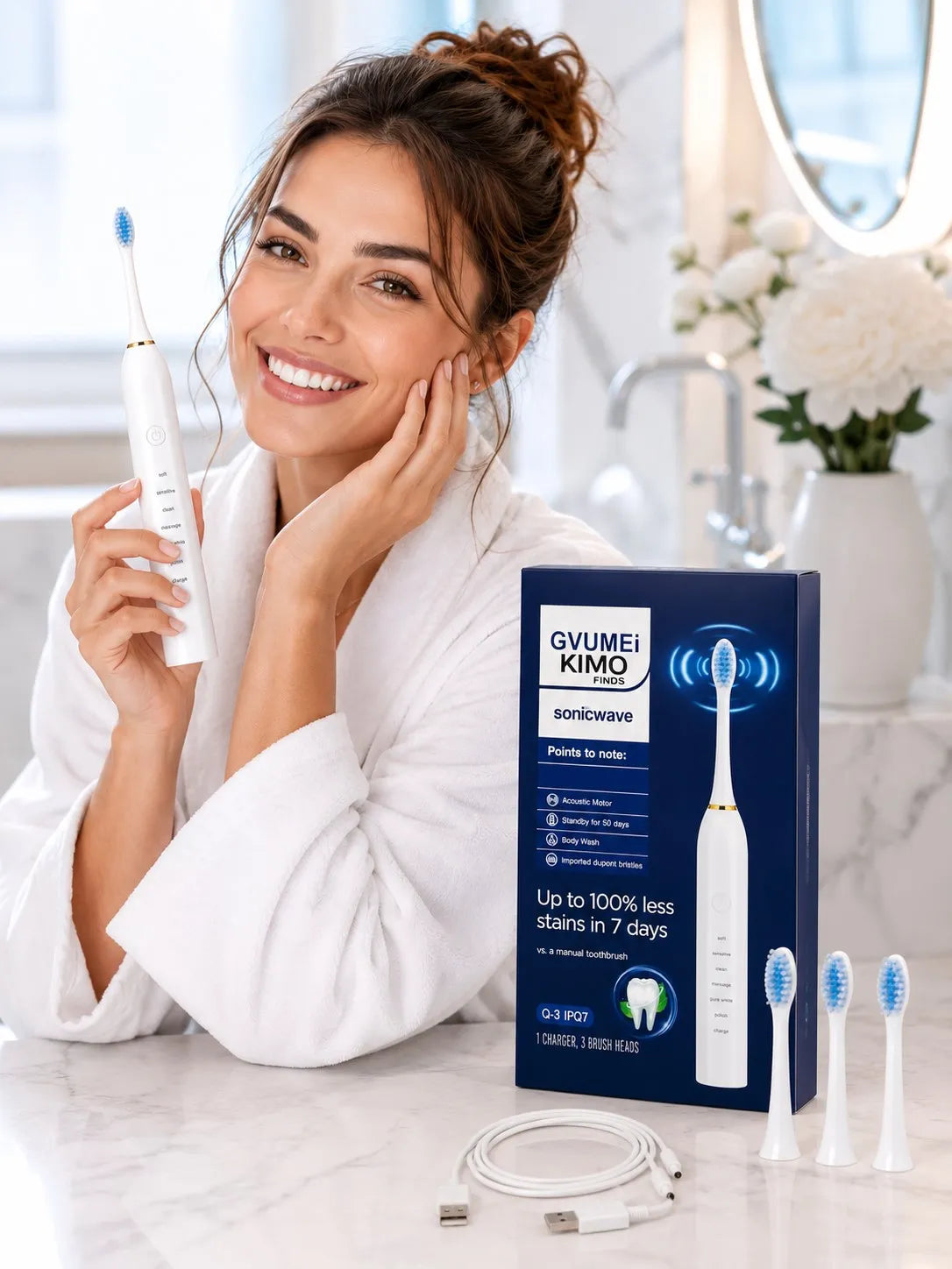Brosse à Dents Électrique Sonique Rechargeable USB – 6 Modes &amp; 3 Têtes