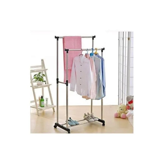 Portant à Vêtements Double Barre Ajustable à Roulettes – Portant Métallique Multifonction