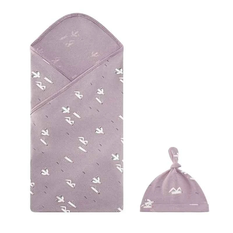 Ensemble Couverture d'Emmaillotage & Bonnet Ajustable en Coton Doux pour Bébé