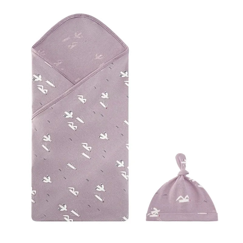Ensemble Couverture d'Emmaillotage & Bonnet Ajustable en Coton Doux pour Bébé