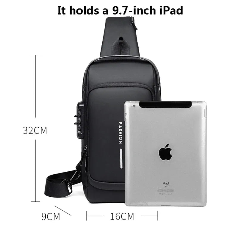 Sac Bandoulière Antivol Poitrine &amp; Épaule avec Port USB ; Cadenas TSA (9.7" iPad)