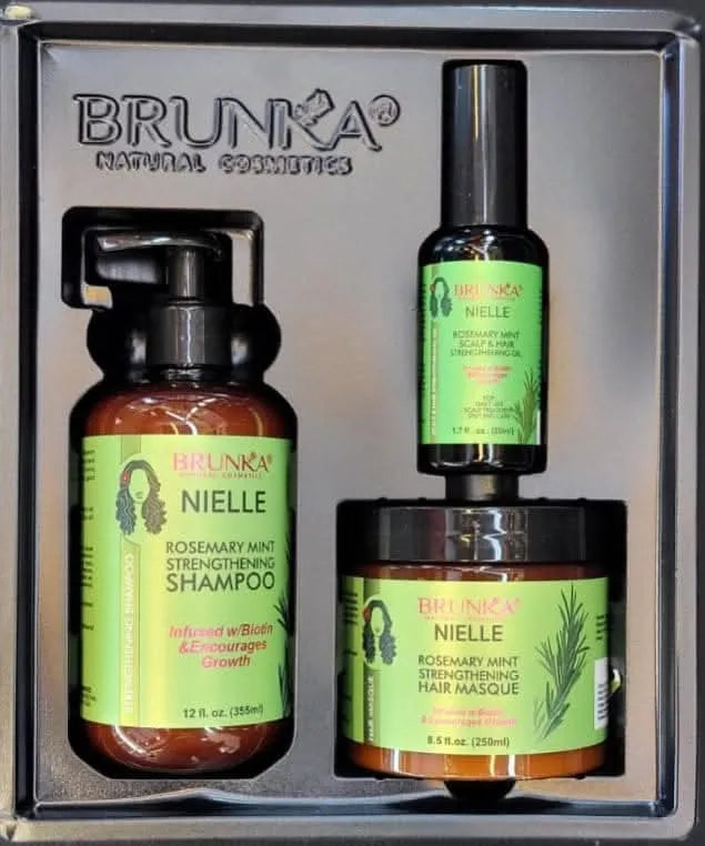 Pack Soin &amp; Sublimation Capillaire 3-en-1 – Coffret Brunka Nielle (Shampoing, Masque &amp; Sérum au Romarin et Menthe) + Lisseur Professionnel DSP + Spray Retouche Racines Rose Berry (75 ml)