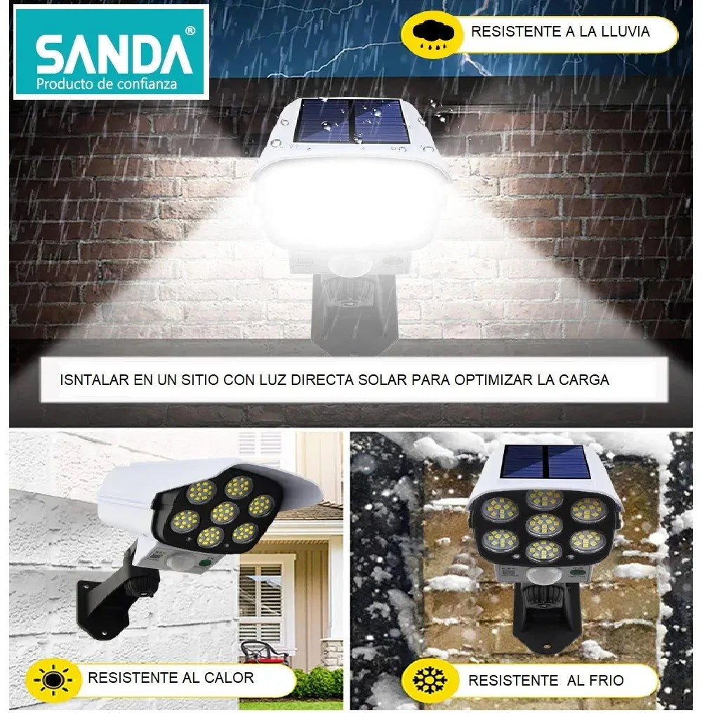 Pack Éclairage &amp; Sécurité Solaire Extérieur 3-en-1 – Projecteur 3 Têtes 270° + Torche Flamme Dansante 58 cm + Projecteur Caméra Fictive Dissuasive