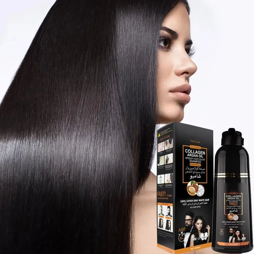 🇫🇷 Version Française Shampooing Colorant Rapide 3-en-1 au Collagène & Huile d'Argan (Noir Naturel) – 400 ml