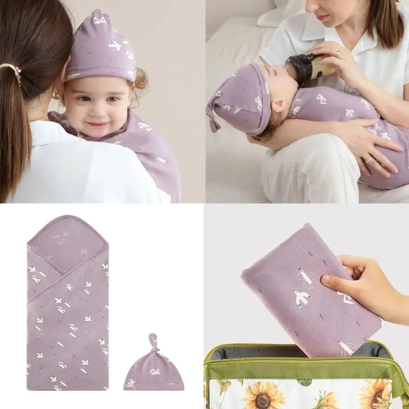 Ensemble Couverture d'Emmaillotage & Bonnet Ajustable en Coton Doux pour Bébé