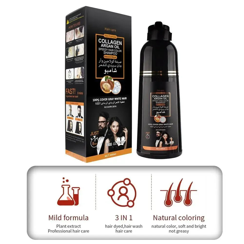 🇫🇷 Version Française Shampooing Colorant Rapide 3-en-1 au Collagène & Huile d'Argan (Noir Naturel) – 400 ml